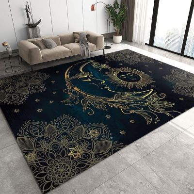 Black Gold Star Moon Sun Area Rugs, Celestial Sun Moon and Stars Indoor Non-Slip Kids Rug, Upholstery Rug with Non-Slip Backing for Kids Boys Girls Bedroom Living Room Dining Room Study 4ftx6ft