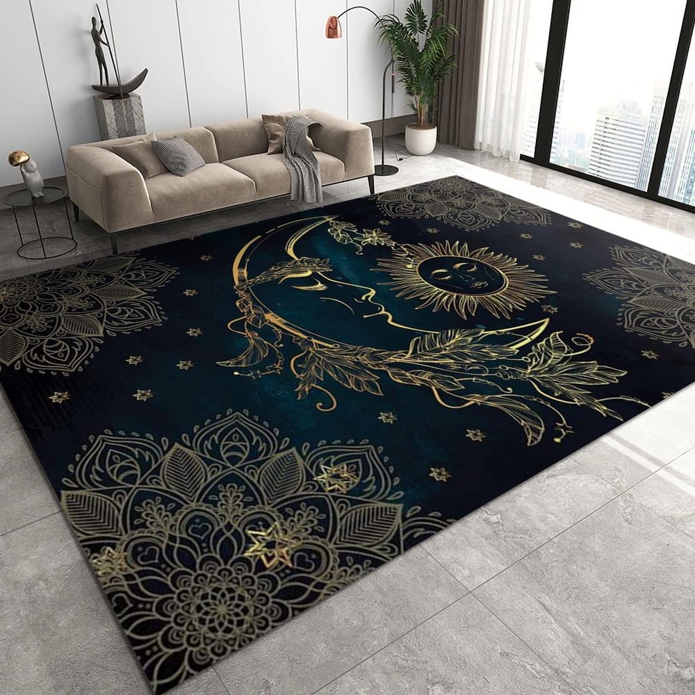 Black Gold Star Moon Sun Area Rugs, Celestial Sun Moon and Stars Indoor Non-Slip Kids Rug, Upholstery Rug with Non-Slip Backing for Kids Boys Girls Bedroom Living Room Dining Room Study 4ftx6ft