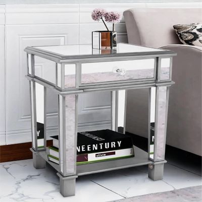 Artloge Mirrored End Table 2-Tier Square Nightstand with Drawer 25 inch High Silver