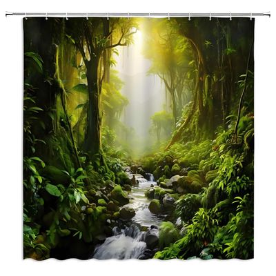 ZWSMZW Fantasy Green Jungle Shower Curtain Tropical Rainforest Natural Plant Forest Waterfall Mountain Outdoor Stream Bathroom Decor Fabric Curtains with Hooks
