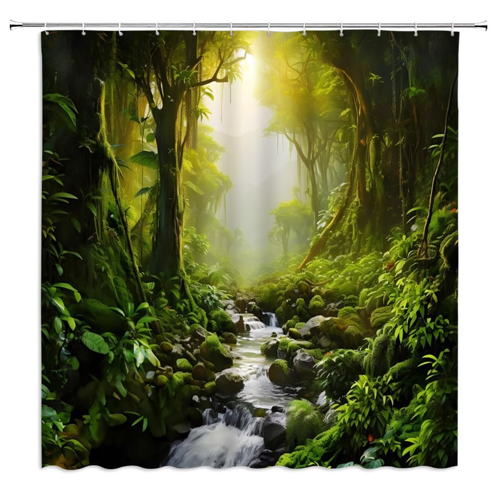 ZWSMZW Fantasy Green Jungle Shower Curtain Tropical Rainforest Natural Plant Forest Waterfall Mountain Outdoor Stream Bathroom Decor Fabric Curtains with Hooks