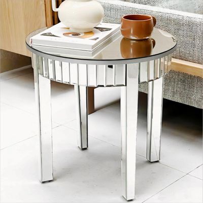 Artloge Mirrored End Table Nightstand Round Beveled Glass Top 17.7 inch Silver