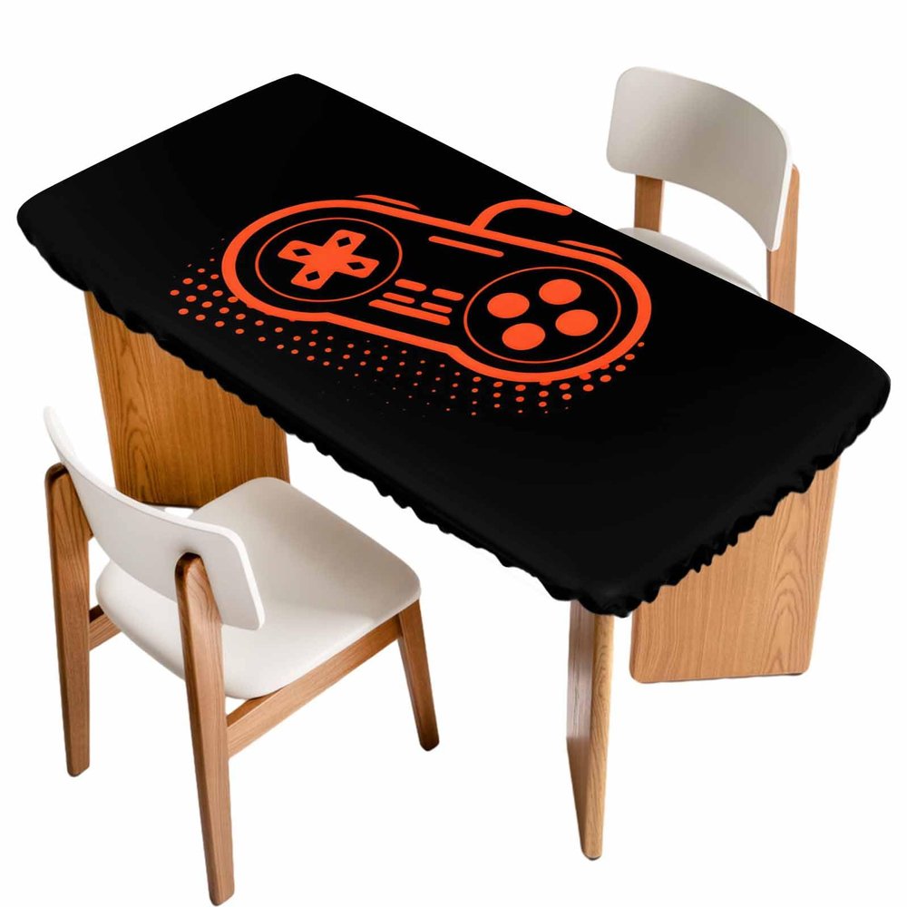 ARTSHOWING Game Fitted Table Cover for 4 ft Rectangle Tables, Waterproof Elastic Vinyl Table Covers Outdoor Tablecloth for Picnic/Camping/Party 24x50inch, Orange Gamepad Video Game Art