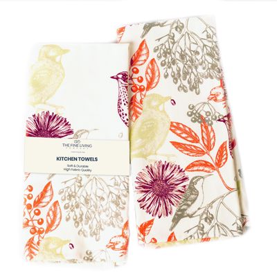 The Fine Living Co. 100% Cotton Kitchen Towels Set of 2, 18 x 28 inches, Hello Bird Printed Dish Towel, Hand Towels, Summet Kitchen Towels, Boho Tea Towels- Multifunctional, Stylish, Absorbent, Soft