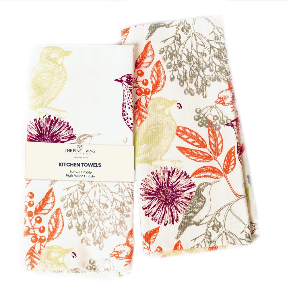 The Fine Living Co. 100% Cotton Kitchen Towels Set of 2, 18 x 28 inches, Hello Bird Printed Dish Towel, Hand Towels, Summet Kitchen Towels, Boho Tea Towels- Multifunctional, Stylish, Absorbent, Soft
