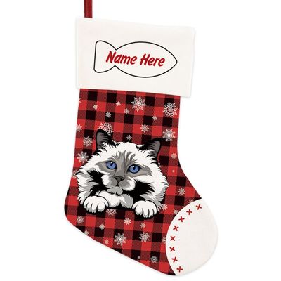 MALIHONG 1 Pack Christmas Stockings for Cat Custom Name Grey and White Birman Cat Christmas Tree Hanging Stocking Red Buffalo Plaid Snowflake Xmas Holiday Cat Lovers Gift 14.4"