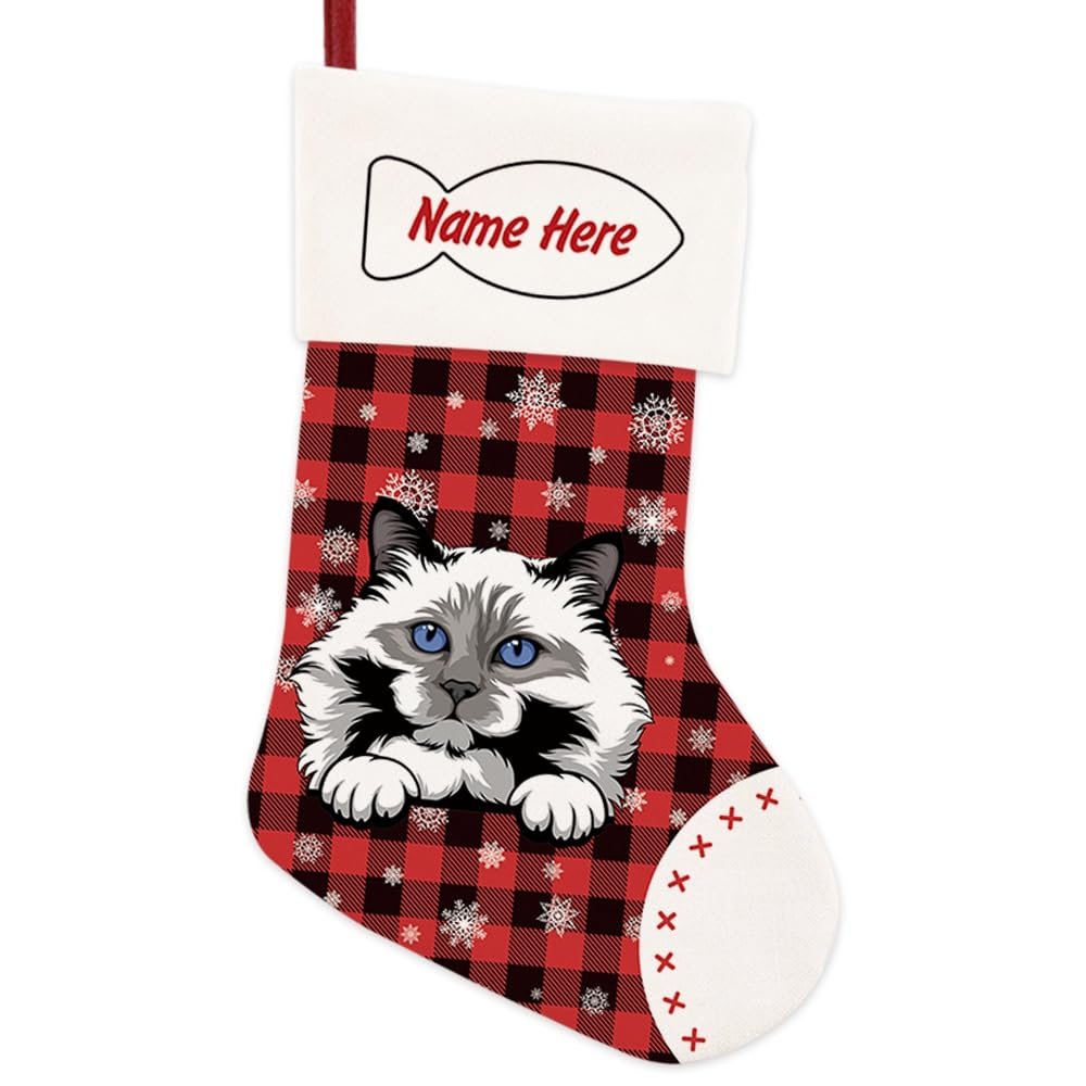 MALIHONG 1 Pack Christmas Stockings for Cat Custom Name Grey and White Birman Cat Christmas Tree Hanging Stocking Red Buffalo Plaid Snowflake Xmas Holiday Cat Lovers Gift 14.4"