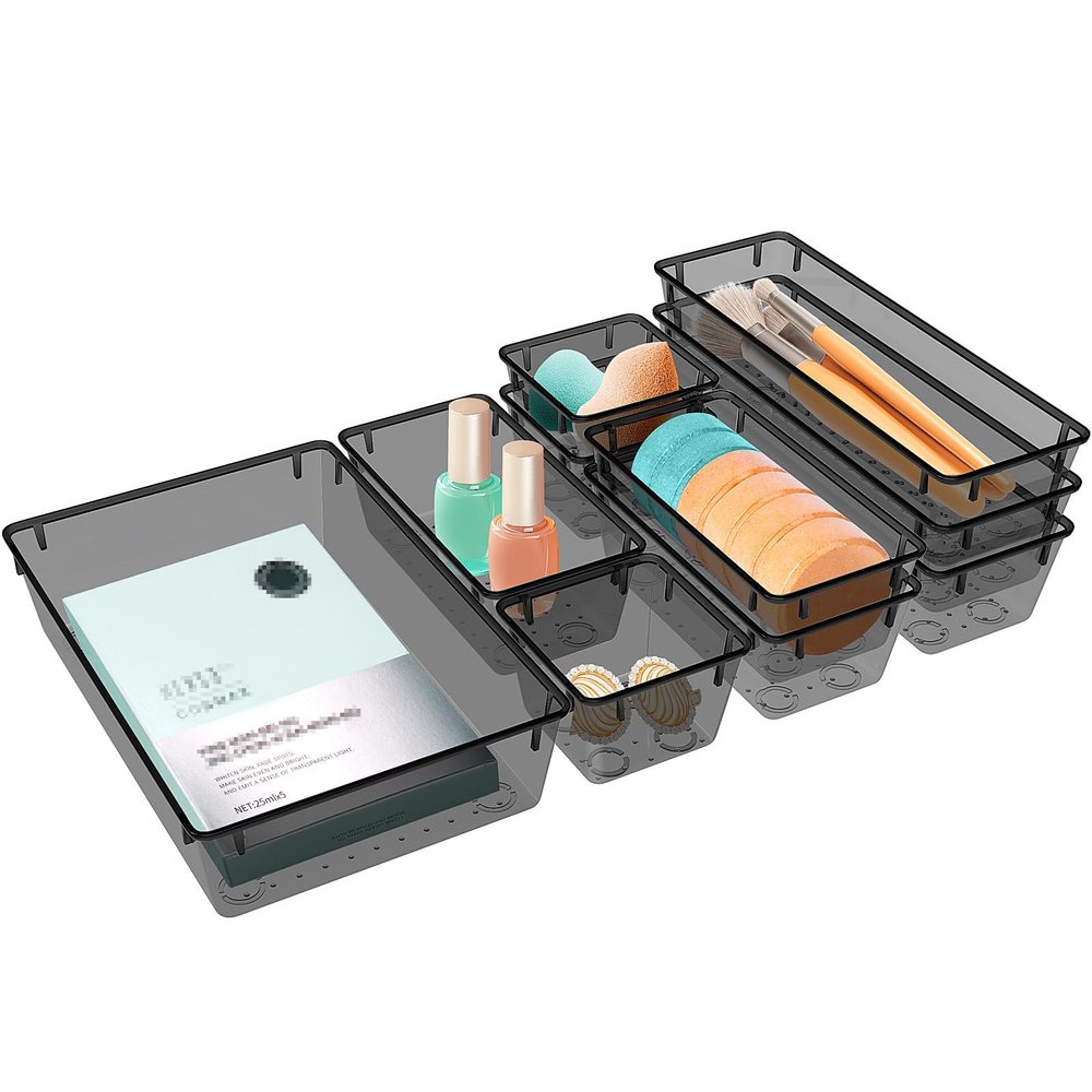 StorMiracle 10 PCS Drawer Organizer Set, 4 Varied Size Bathroom and kitchen Drawer cabinet organizer Trays, Clear Storage Bins for Makeup, Jewelry, Utensils and Gadgets, Black