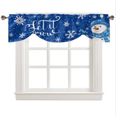 Blue Christmas Tie Up Valance Curtains for Living Room/Bedroom/Bathroom/Kitchen Window, Rod Pocket Drape Curtains Small Cafe Drapery Tiers Window Treatment, Winter Snowflake Snowman 42"x12"