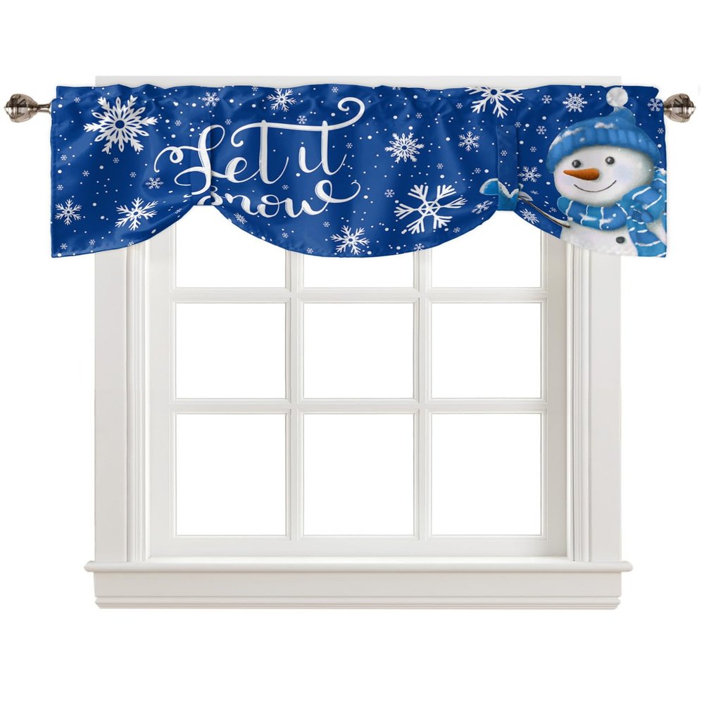 Blue Christmas Tie Up Valance Curtains for Living Room/Bedroom/Bathroom/Kitchen Window, Rod Pocket Drape Curtains Small Cafe Drapery Tiers Window Treatment, Winter Snowflake Snowman 42"x12"