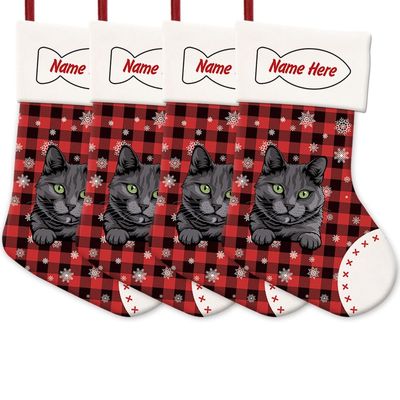 MALIHONG 4 Pack Christmas Stockings for Cat Custom Name Blue Russian Cat Christmas Tree Hanging Stocking Red Buffalo Plaid Snowflake Xmas Holiday Cat Lovers Gift 14.4"