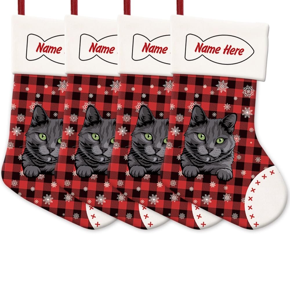MALIHONG 4 Pack Christmas Stockings for Cat Custom Name Blue Russian Cat Christmas Tree Hanging Stocking Red Buffalo Plaid Snowflake Xmas Holiday Cat Lovers Gift 14.4"