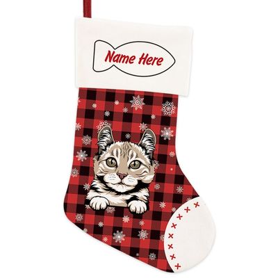 MALIHONG 1 Pack Christmas Stockings for Cat Custom Name American Curl Cat Christmas Tree Hanging Stocking Red Buffalo Plaid Snowflake Xmas Holiday Cat Lovers Gift 14.4"