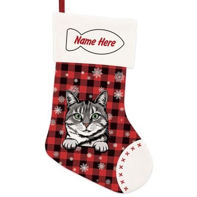 MALIHONG 1 Pack Christmas Stockings for Cat Custom Name American Shorthair Cat Christmas Tree Hanging Stocking Red Buffalo Plaid Snowflake Xmas Holiday Cat Lovers Gift 14.4"