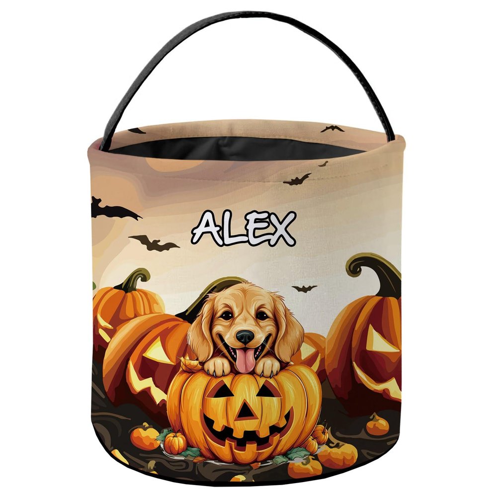 KafePross Personalized Halloween Trick or Treat Bag Smiling Golden Retriever Puppy Dog Pumkin Decor Basket Candy Gifts Bucket 9 x 9.8 Inch
