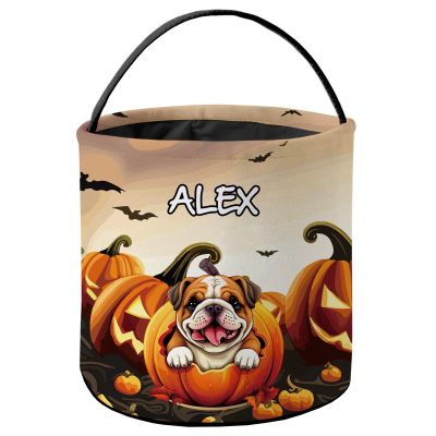 KafePross Personalized Halloween Trick or Treat Bag Smiling Bulldog Puppy Dog Pumkin Decor Basket Candy Gifts Bucket 9 x 9.8 Inch