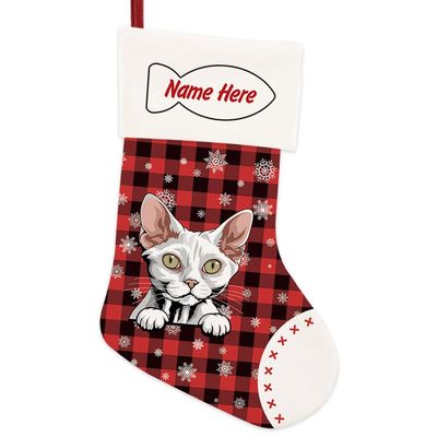 MALIHONG 1 Pack Christmas Stockings for Cat Custom Name White Devon Rex Cat Christmas Tree Hanging Stocking Red Buffalo Plaid Snowflake Xmas Holiday Cat Lovers Gift 14.4"