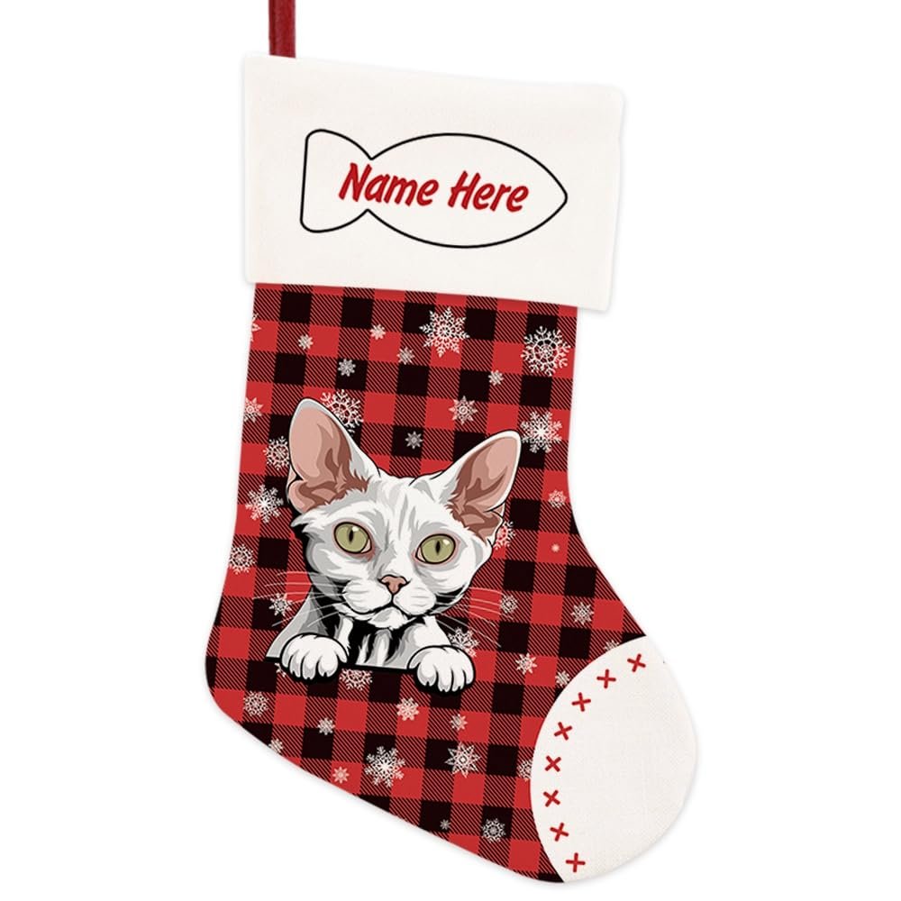 MALIHONG 1 Pack Christmas Stockings for Cat Custom Name White Devon Rex Cat Christmas Tree Hanging Stocking Red Buffalo Plaid Snowflake Xmas Holiday Cat Lovers Gift 14.4"