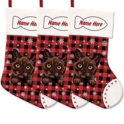 MALIHONG 3 Pack Christmas Stockings for Cat Custom Name Burmese Cat Christmas Tree Hanging Stocking Red Buffalo Plaid Snowflake Xmas Holiday Cat Lovers Gift 14.4"