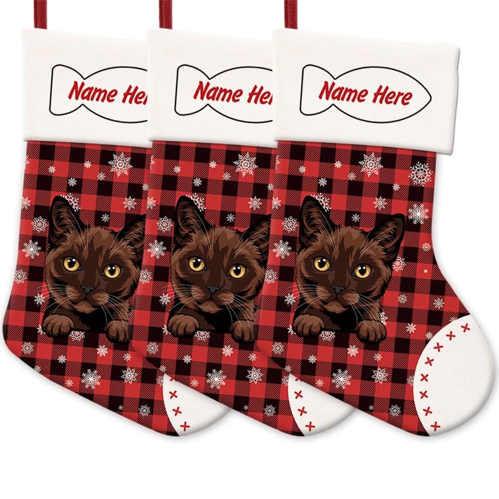 MALIHONG 3 Pack Christmas Stockings for Cat Custom Name Burmese Cat Christmas Tree Hanging Stocking Red Buffalo Plaid Snowflake Xmas Holiday Cat Lovers Gift 14.4"