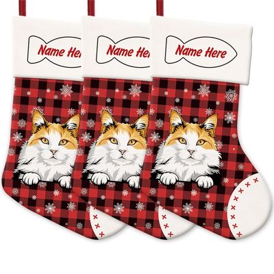 MALIHONG 3 Pack Christmas Stockings for Cat Custom Name Turkish Van Cat Christmas Tree Hanging Stocking Red Buffalo Plaid Snowflake Xmas Holiday Cat Lovers Gift 14.4"