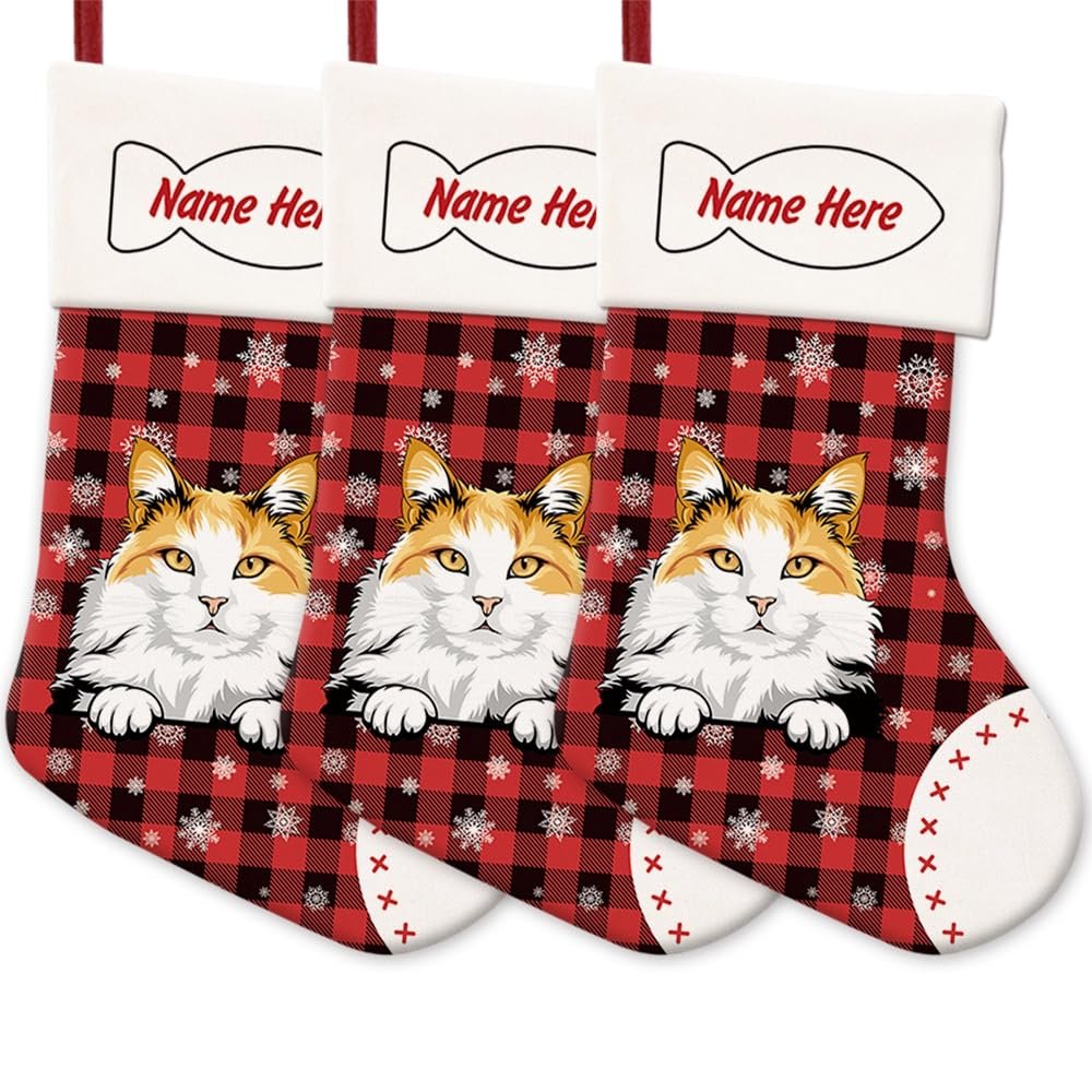 MALIHONG 3 Pack Christmas Stockings for Cat Custom Name Turkish Van Cat Christmas Tree Hanging Stocking Red Buffalo Plaid Snowflake Xmas Holiday Cat Lovers Gift 14.4"