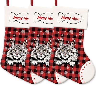MALIHONG 3 Pack Christmas Stockings for Cat Custom Name Black Silver Tabby Maine Coon Cat Christmas Tree Hanging Stocking Red Buffalo Plaid Snowflake Xmas Holiday Cat Lovers Gift 14.4"