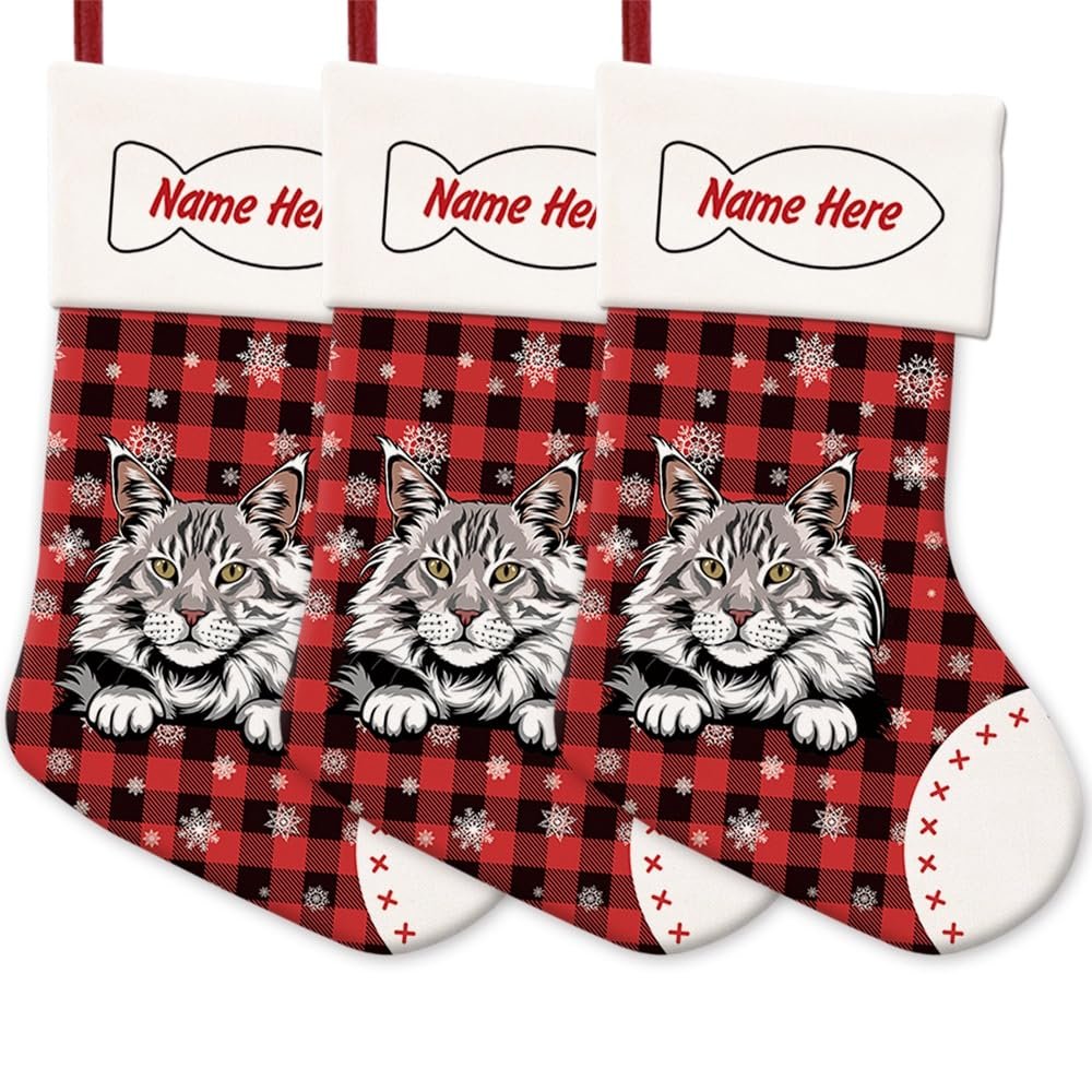 MALIHONG 3 Pack Christmas Stockings for Cat Custom Name Black Silver Tabby Maine Coon Cat Christmas Tree Hanging Stocking Red Buffalo Plaid Snowflake Xmas Holiday Cat Lovers Gift 14.4"