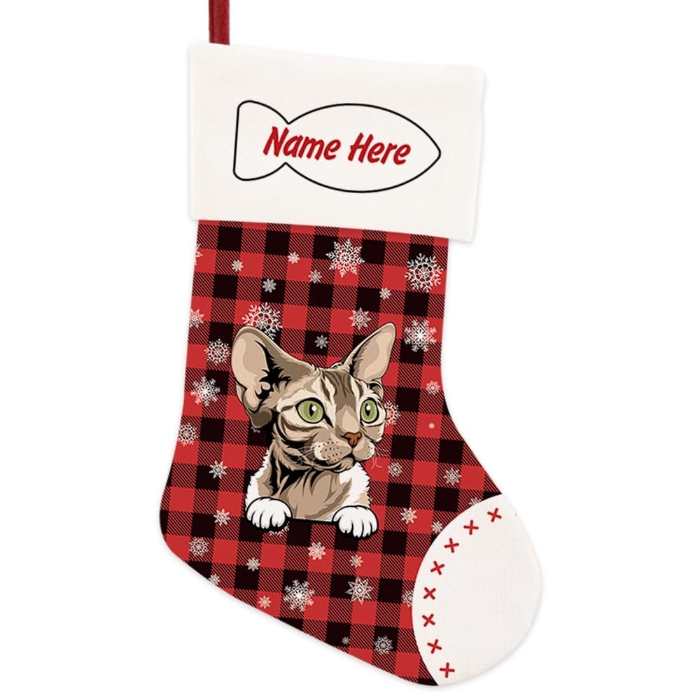 MALIHONG 1 Pack Christmas Stockings for Cat Custom Name Tabby Devon Rex Cat Christmas Tree Hanging Stocking Red Buffalo Plaid Snowflake Xmas Holiday Cat Lovers Gift 14.4"