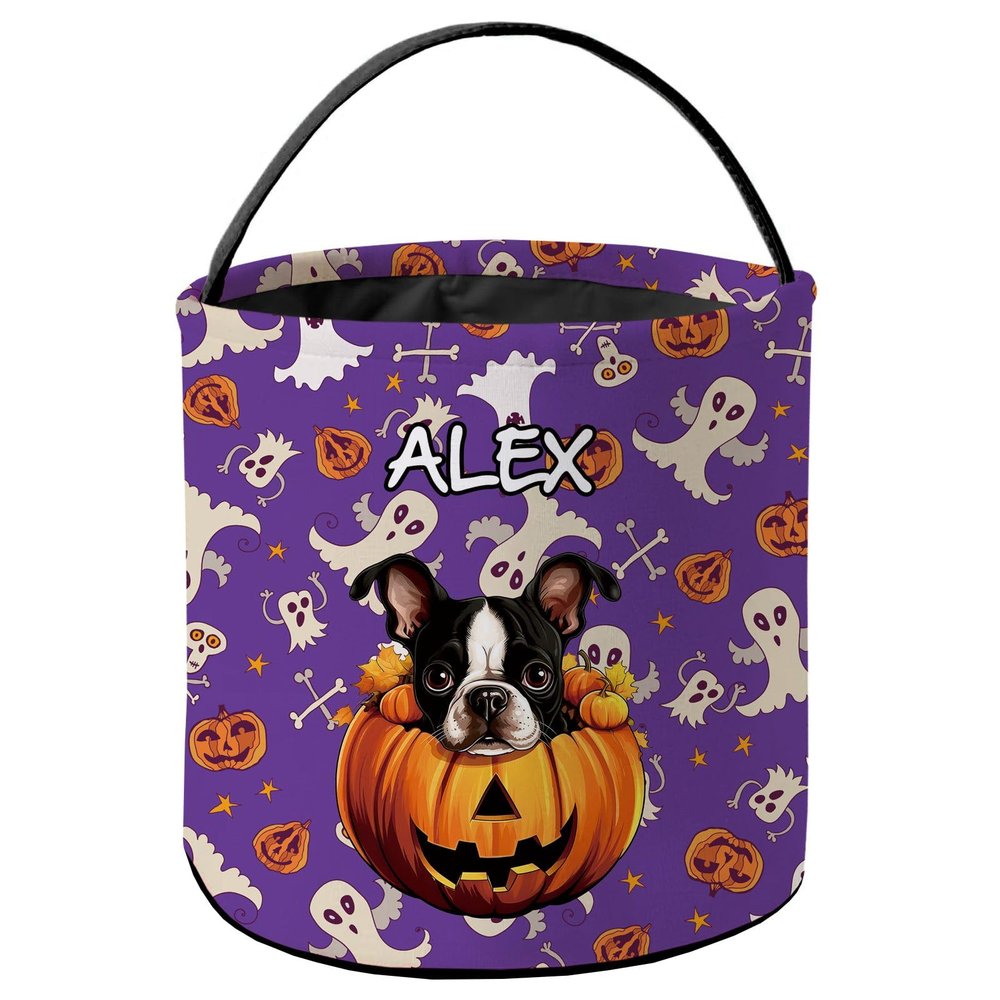 KafePross Personalized Halloween Trick or Treat Bag Boston Terrier Dog Cute Puppy Pumkin Ghost Decor Basket Candy Gifts Bucket for Kids 9 x 9.8 Inch Purple