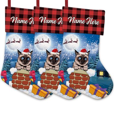 MALIHONG Personalized 3 Pack Christmas Stocking Brown Siamese Cat Santa Gift in Chimney Christmas Tree Hanging Stocking Gift Buffalo Plaid Family Holiday Xmas Party Christmas Decor 14.4"
