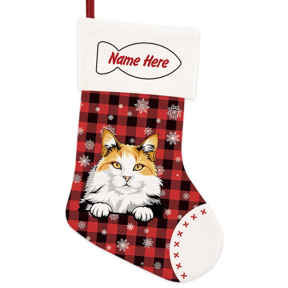 MALIHONG 1 Pack Christmas Stockings for Cat Custom Name Turkish Van Cat Christmas Tree Hanging Stocking Red Buffalo Plaid Snowflake Xmas Holiday Cat Lovers Gift 14.4"