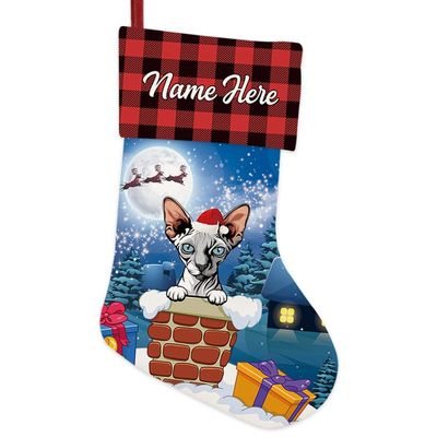 MALIHONG Personalized 1 Pack Christmas Stocking Nude Sphynx Cat Santa Gift in Chimney Christmas Tree Hanging Stocking Gift Buffalo Plaid Family Holiday Xmas Party Christmas Decor 14.4"
