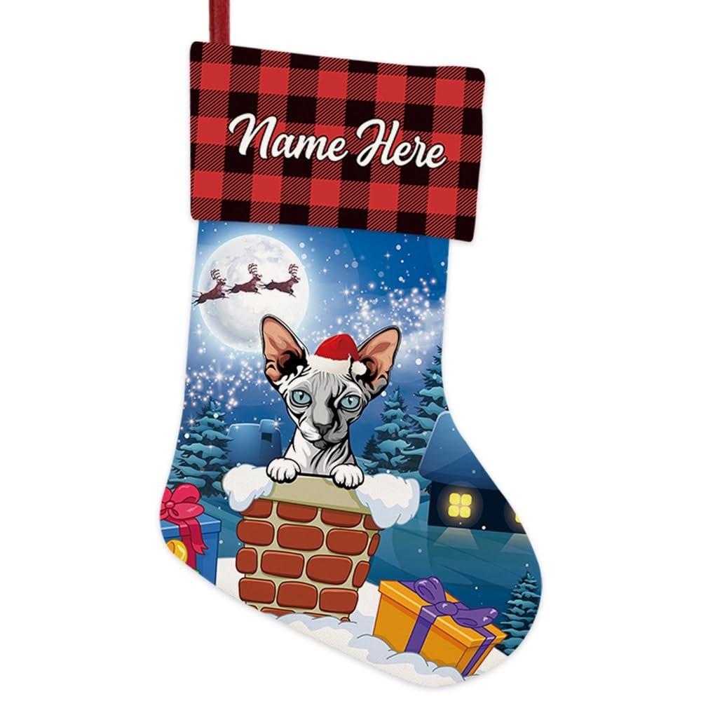 MALIHONG Personalized 1 Pack Christmas Stocking Nude Sphynx Cat Santa Gift in Chimney Christmas Tree Hanging Stocking Gift Buffalo Plaid Family Holiday Xmas Party Christmas Decor 14.4"