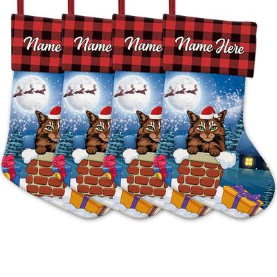 MALIHONG Personalized 4 Pack Christmas Stocking Somali Cat Santa Gift in Chimney Christmas Tree Hanging Stocking Gift Buffalo Plaid Family Holiday Xmas Party Christmas Decor 14.4"