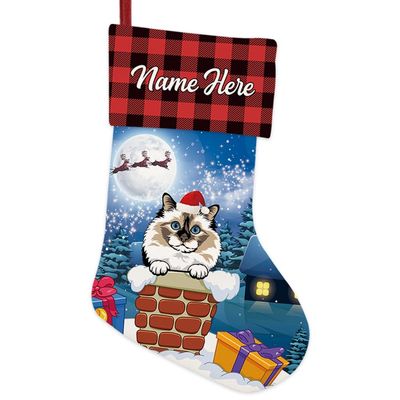 MALIHONG Personalized 1 Pack Christmas Stocking Birman Cat Santa Gift in Chimney Christmas Tree Hanging Stocking Gift Buffalo Plaid Family Holiday Xmas Party Christmas Decor 14.4"