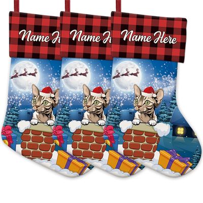 MALIHONG Personalized 3 Pack Christmas Stocking Tabby Devon Rex Cat Santa Gift in Chimney Christmas Tree Hanging Stocking Gift Buffalo Plaid Family Holiday Xmas Party Christmas Decor 14.4"