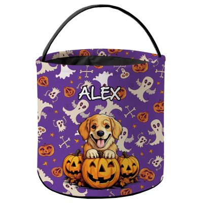 KafePross Personalized Halloween Trick or Treat Bag Golden Retriever Dog Lovely Puppy Pumkin Ghost Decor Basket Candy Gifts Bucket for Kids 9 x 9.8 Inch Purple