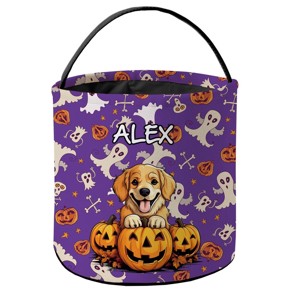 KafePross Personalized Halloween Trick or Treat Bag Golden Retriever Dog Lovely Puppy Pumkin Ghost Decor Basket Candy Gifts Bucket for Kids 9 x 9.8 Inch Purple