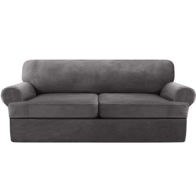 T Cushion Sofa Cover, 3 Pieces Stretch Sofa Slipcover Removable Furniture Protector with 2 Individual T Cushion Shape Seat Covers-Grey-X-2 Seat