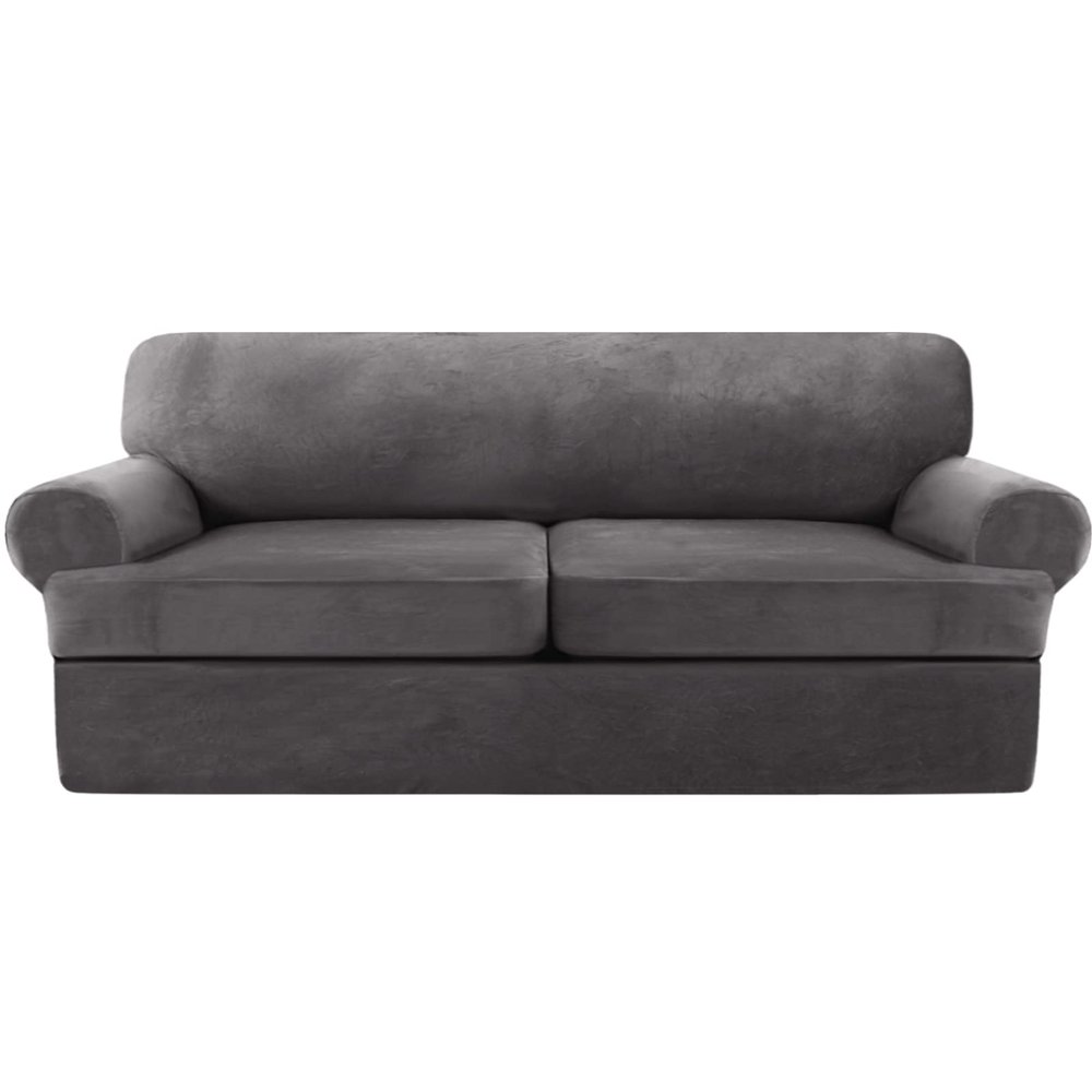 T Cushion Sofa Cover, 3 Pieces Stretch Sofa Slipcover Removable Furniture Protector with 2 Individual T Cushion Shape Seat Covers-Grey-X-2 Seat