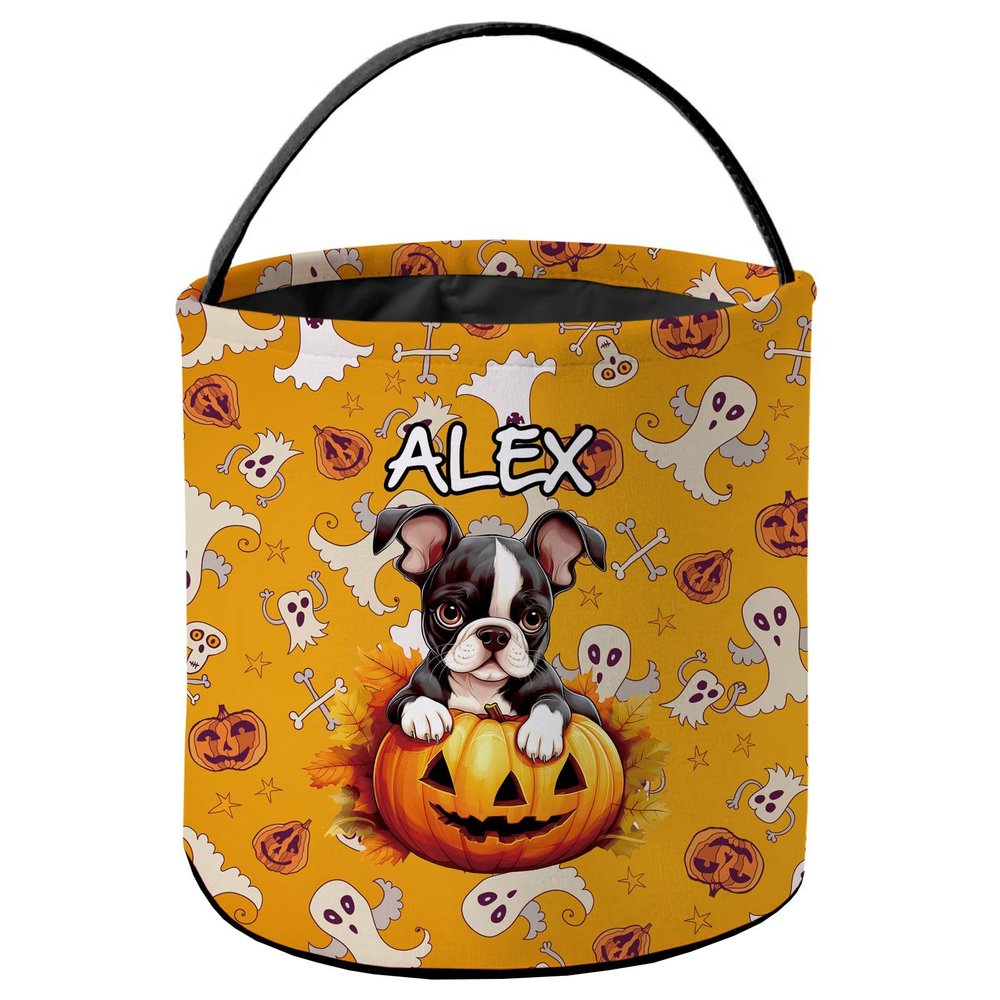 KafePross Personalized Halloween Trick or Treat Bag Boston Terrier Dog Lovely Puppy Pumkin Ghost Decor Basket Candy Gifts Bucket 9 x 9.8 Inch Yellow