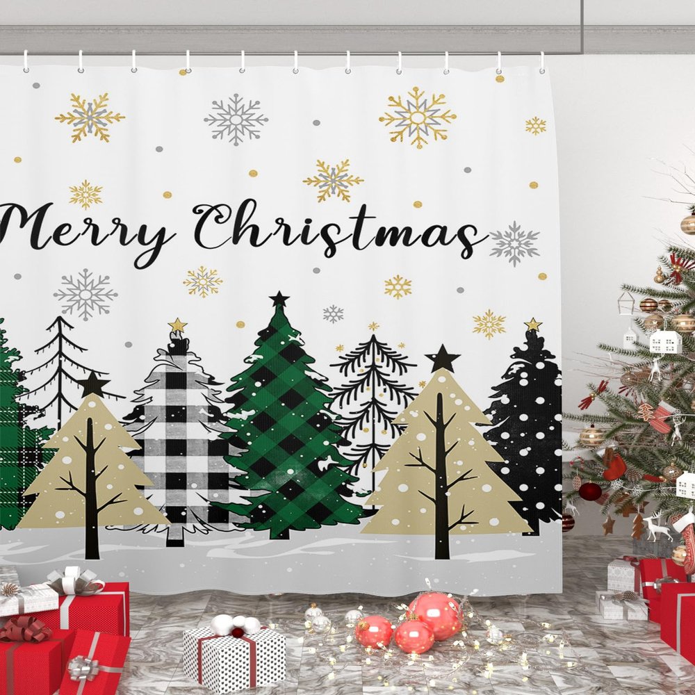 TocaHome Christmas Cloth Bathroom Shower Curtain Liner, Washable Durable Bath Curtain with Hooks, Xmas Tree Snowflake Textured Decorative Shower Curtains 72"x84"