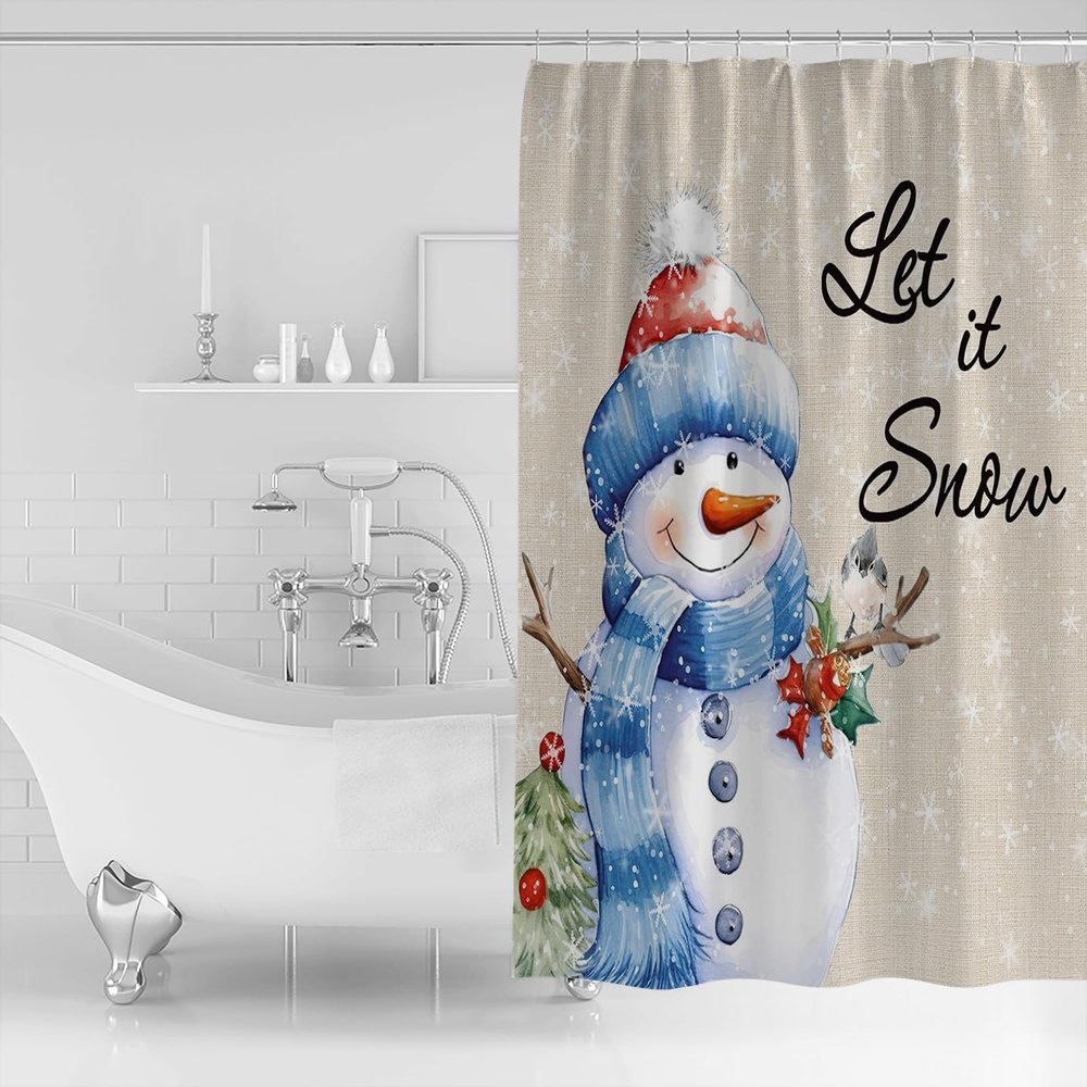 TocaHome Christmas Cloth Bathroom Shower Curtain Liner, Washable Durable Bath Curtain with Hooks, Xmas Tree Snowman Snowflake Bird Textured Decorative Shower Curtains 36"x78"