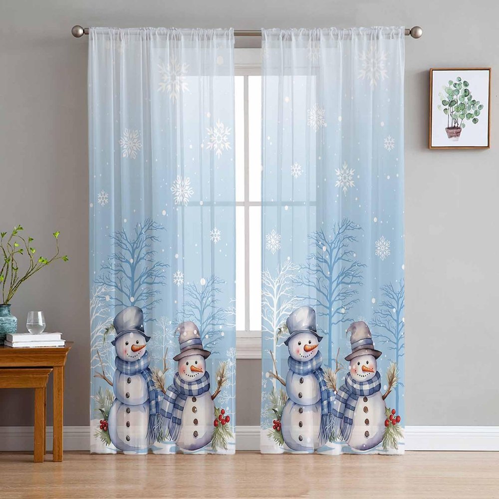 2 PCS Blue Christmas Snowman Semi-Sheer Chiffon Curtains 108 Inches Long,Rod Pocket Voile Curtain Panels,Window Sheer Drape Curtains for Living Room/Bedroom/Kitchen,Xmas Snowflake Tree Branch 104x108