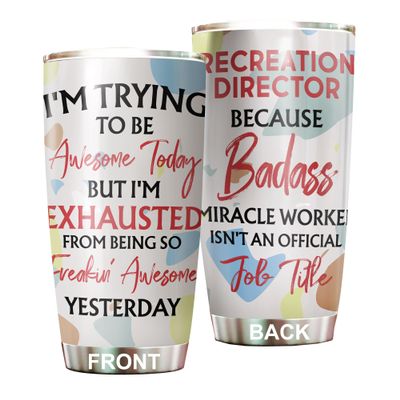 MEDROC Awesome Miracle Worker Recreation Director Tumbler Stainless Steel 20oz, Funny Gifts Bulks For Office Women Men Work Friends Coworker, Driking Coffee Cup For Birthday Christmas
