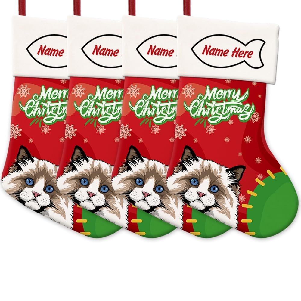 MALIHONG Custom Name 4 Pack Merry Christmas Stocking for Ragdoll Cat Gift Snowflake Christmas Tree Hanging Stocking Home Decor Classic Xmas Holiday Party Decor Cat Lovers Gift 14.4"