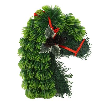 Christmas Winter Wreath, Horse Head Wreath, Green Pine Needles Horsehead Wreath with Red Ribbon & Pinecone, Farmhouse Double Horse Head Christmas Wreath for Front Door Farmhouse(#1)