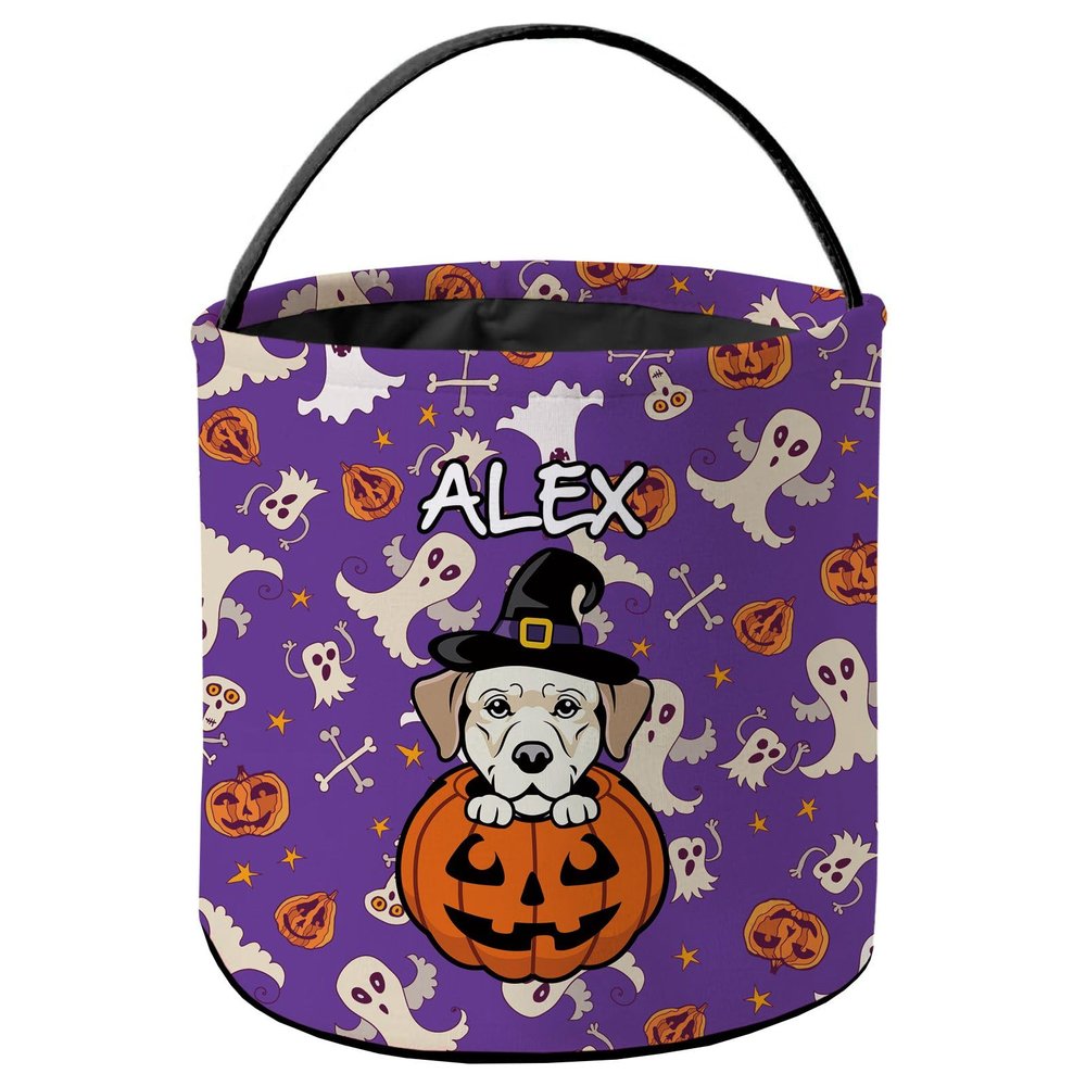 KafePross Personalized Halloween Trick or Treat Bag Labrador Dog Halloween Ghost Pumpkin Decor Basket Candy Gifts Bucket for Kids 9 x 9.8 Inch Purple