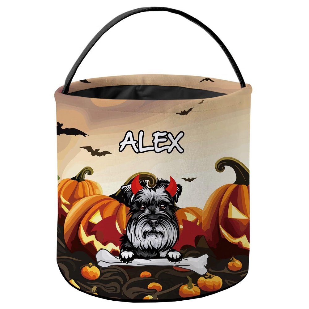 KafePross Custom Halloween Trick or Treat Bag Devil Schnauzer Dog Halloween Demon Pumpkin Decor Basket Candy Gifts Bucket for Kids 9 x 9.8 Inch